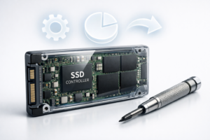 Разрезанный SSD-накопитель с чипами памяти, пиктограммы настроек и раздела диска рядом.
