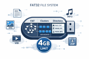 Внутренняя структура FAT32: таблица FAT, кластеры данных, корневой каталог и типы файлов с ограничением 4GB.