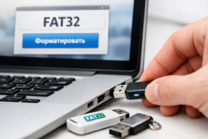 USB-флешка подключена к компьютеру перед форматированием в систему FAT32.