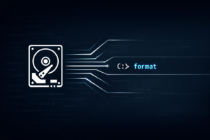 Жесткий диск и команда format на темном фоне с кодом