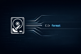 Жесткий диск и команда format на темном фоне с кодом