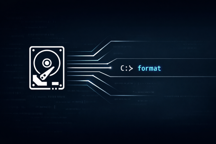 Жесткий диск и команда format на темном фоне с кодом