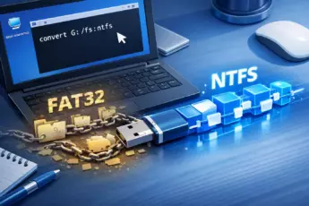 Команда convert для конвертации флешки из FAT32 в NTFS в командной строке Windows.