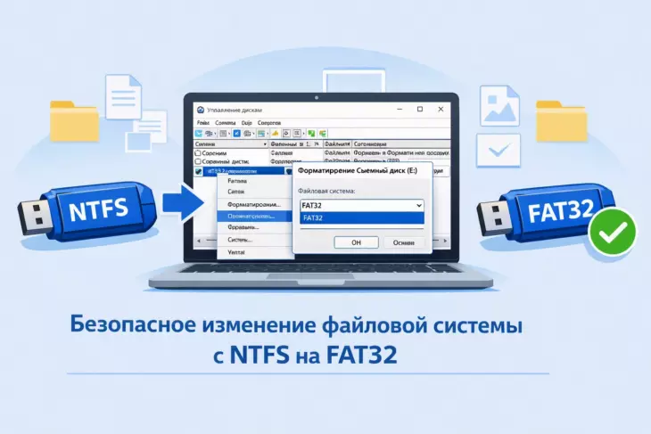 Процесс форматирования флешки из NTFS в FAT32 через "Управление дисками" Windows.