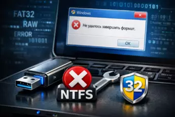 Ошибка «Не удалось завершить формат» при форматировании флешки в Windows на FAT32 или NTFS.