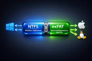 USB-флешка с выбором файловой системы NTFS для Windows и exFAT для кроссплатформенной работы.
