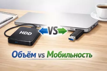 Сравнение объёма хранения HDD/SSD и портативности USB-флешки