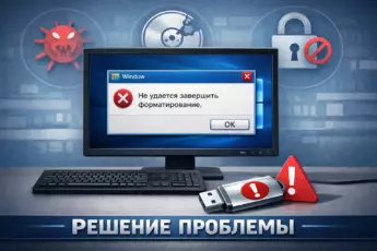 Диалоговое окно Windows с ошибкой "Не удается завершить форматирование" на мониторе.