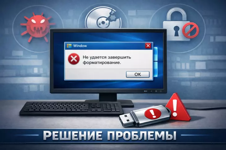 Диалоговое окно Windows с ошибкой "Не удается завершить форматирование" на мониторе.