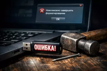 USB-флешка с надписью «ОШИБКА!» в порту ноутбука, на экране — сообщение о сбое форматирования.