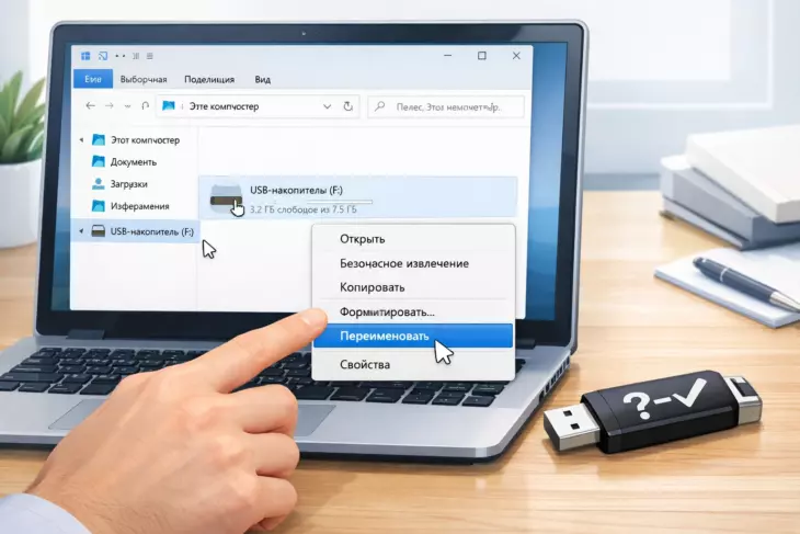 Подключение и переименование USB-флешки в Проводнике Windows