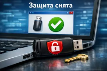 USB-флешка с красным щитом в порту ноутбука, рядом ключ и надпись "Защита снята" на экране