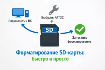 SD-карта: подключить к ПК, выбрать FAT32, запустить форматирование