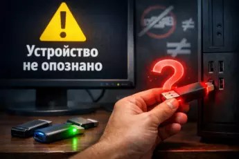 USB-флешка с красным предупреждением подключается к компьютеру с ошибкой «Устройство не опознано» на экране