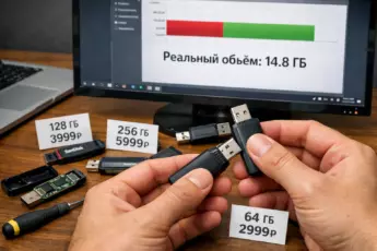 Сравнение фактической и заявленной ёмкости флешки на экране программы среди разобранных накопителей.