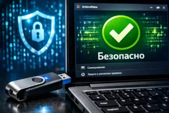 USB-флешка подключена к ноутбуку с экраном антивируса "Безопасно"