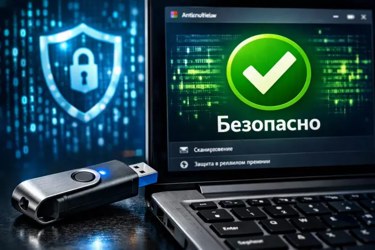 USB-флешка подключена к ноутбуку с экраном антивируса "Безопасно"