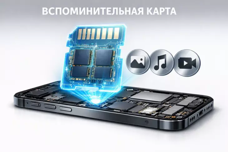 Голографическая SD-карта с чипами памяти и иконками типов файлов